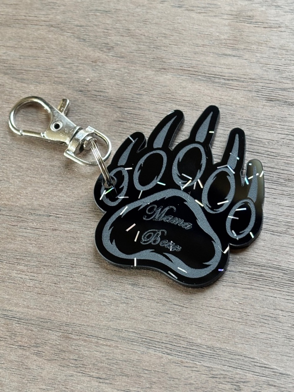 Black Paw Print Keychain mama bear with Silver Hardware